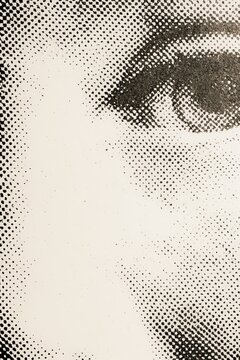 Close-up of a woman's eye rendered in a halftone dot pattern