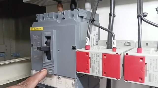 Electrician executing an MCCB manual trip test using the red test button on a molded case circuit breaker inside electrical distribution panel
