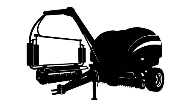 Agricultural Machine Silhouette: A sleek black silhouette of an agricultural machine, likely a baler or similar piece of farm equipment, stands ready for work against a stark white background.