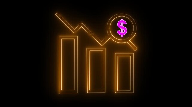 Neon Blue Bar Chart Falling Down with Dollar Sign and Arrow