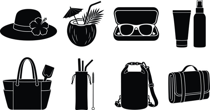 Summer and Beach Essentials Silhouette Icons Featuring Leisure and Outdoor Items
