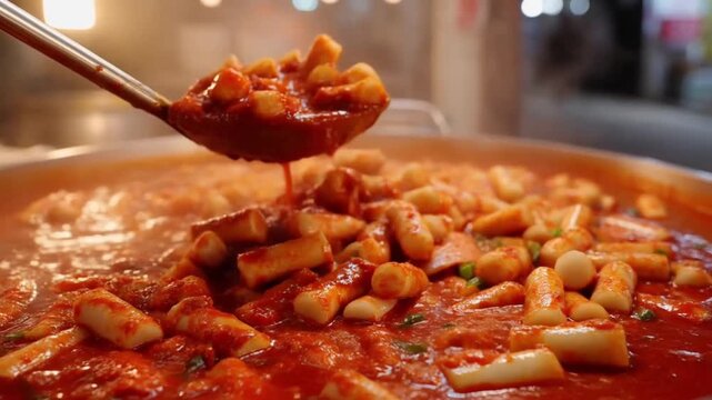 Spicy Korean tteokbokki rice cakes simmering in a street food pan