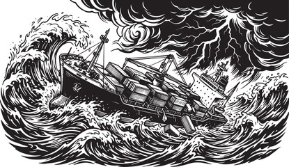 Obraz premium Container ship battling massive ocean waves during a fierce storm