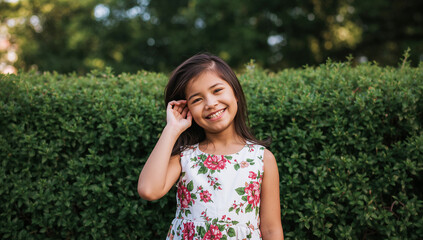Fototapeta premium Young girl with a bright smile and floral dress poses outdoors in front of a hedge