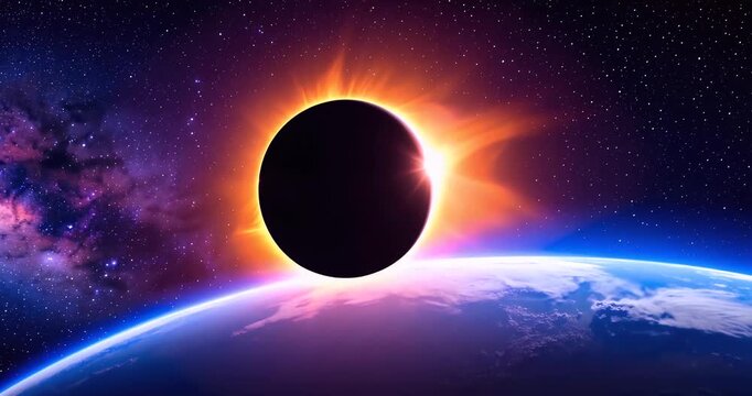 A stunning view of a total solar eclipse from space, with the sun's corona glowing brightly around the moon's silhouette above the Earth's horizon and a cosmic background.