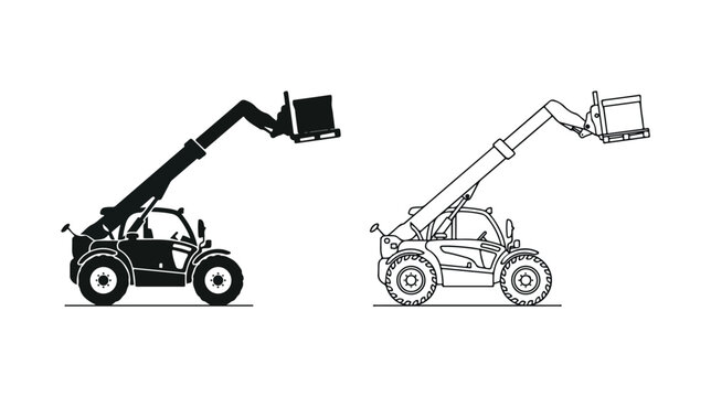 Telehandler forklift vector icons, heavy duty telescopic handler silhouette and outline, industrial construction machinery for material handling