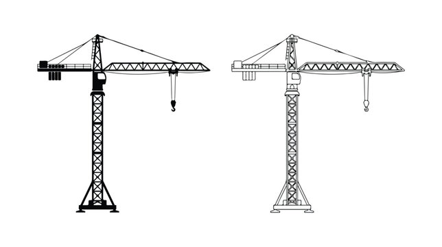 Industrial tower crane vector icons, construction machinery silhouette and line art set, heavy lifting equipment for building site development