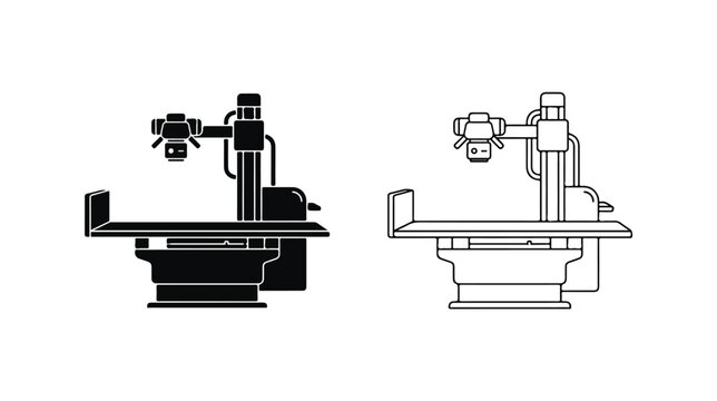 Medical X-ray machine vector icons, diagnostic radiology equipment silhouettes, hospital imaging scanner line art for clinical healthcare infographics