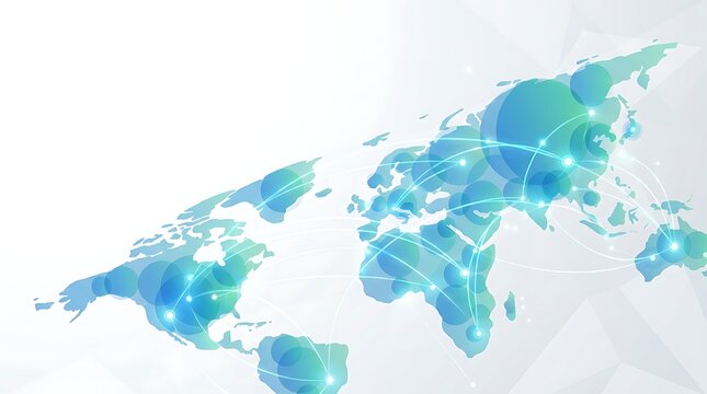 Abstract digital world map background with glowing connection points and lines representing global communication network.