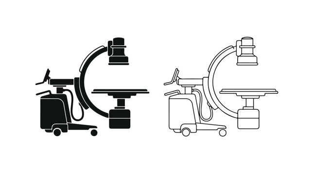Medical C-arm X-ray machine icons, mobile fluoroscopy system vector set, surgical imaging equipment silhouettes for hospital radiology and surgery