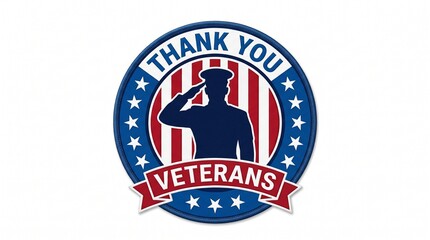 Fototapeta premium A circular embroidered patch design featuring a saluting soldier silhouette against an American flag background, with text honoring veterans.