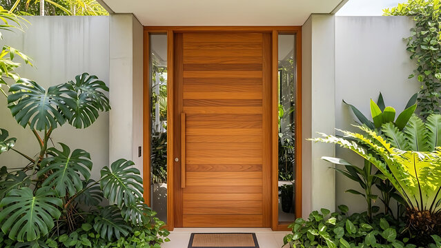 Modern minimalist architectural facade of a luxury villa entryway with natural timber door set in raw grey cement surfaces and vibrant exotic foliage in a summer garden setting.