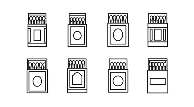 Collection of outline matchboxes with various label designs in a clean white background for creative concepts