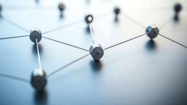 Abstract digital network connection structure with glowing spheres and interconnected lines for global technology communication concepts.