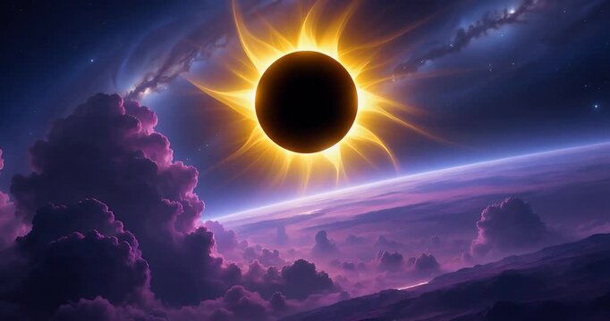 A dramatic cosmic scene showing a solar eclipse with a brilliant corona over a purple-hued planet and swirling nebulae in deep space.