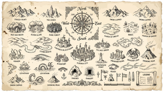 Fantasy Map Elements Illustration with Compass, Mountains, Forests, Rivers, Ruins, Roads, and Legend Scroll