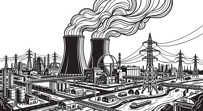 Industrial power plant landscape with nuclear reactors and pylons