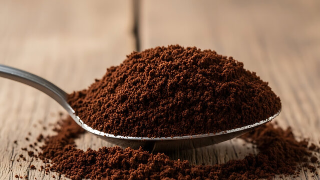 Stainless steel spoon holding dark aromatic finely ground coffee powder close up view of roasted espresso grains scattered on rustic black surface background