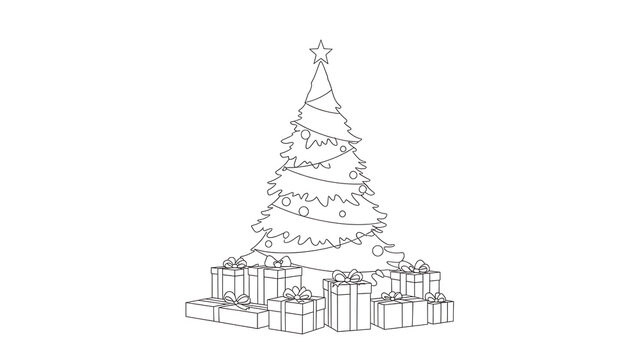 Elegant Minimalist Outline of a Festive Christmas Tree Decorated with Ornaments and Surrounded by Wrapped Gift Boxes, Linear Vector Illustration for Holiday Greeting Cards and Seasonal Decor.