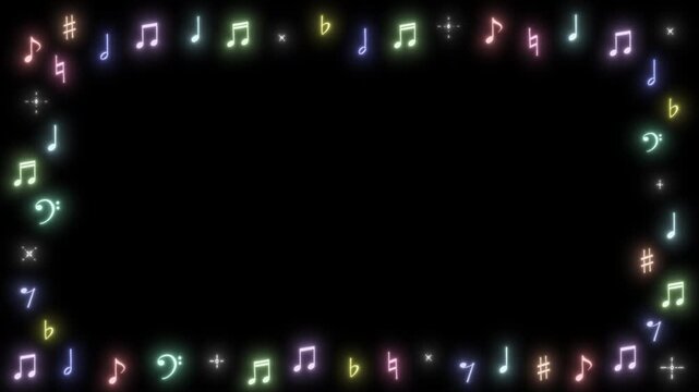 カラフルにキラキラと発光する手書きの音符や音楽記号が波打ちして画面を囲むループ枠素材