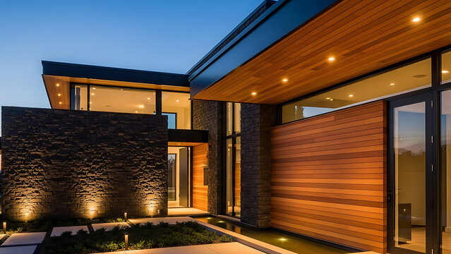 Contemporary architectural exterior design featuring dark charcoal stone wall cladding paired with warm wooden panels and elegant ambient lighting at twilight for a luxury residential facade