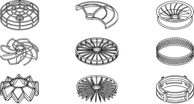 Industrial Process Components Line Art Set. Black and White Isometric Drawings of Fluid Handling Parts, Filters, Impellers, and Column Packing Elements.