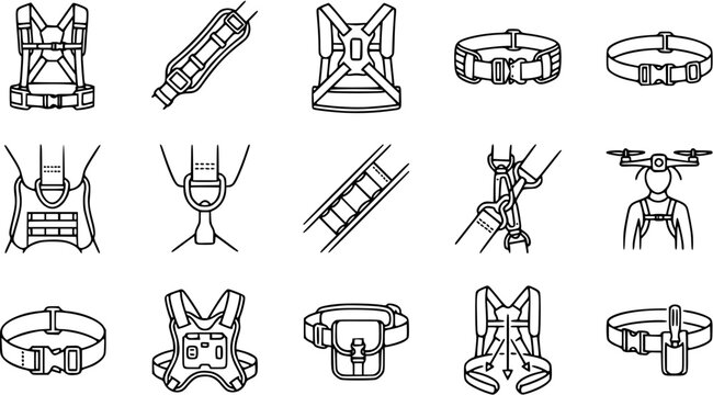 Industrial Safety and Adventure Sport Harnesses Line Icons Set. Outline Vector Illustrations of Work at Height, Climbing, and Drone Operator Safety Equipment.