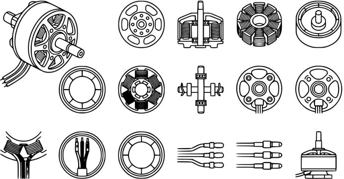 Electric Motor Components and Parts Vector Line Art Set, including BLDC, Brushed Motors, Wiring  Connectors for Robotics and RC Drones Technology