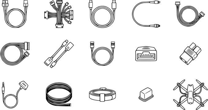 Technology  Electronics Line Art Icons: Vector Set of Cables, Connectors, Adapters, Drone, FPV Gear, and Components in Black and White Outline Style.