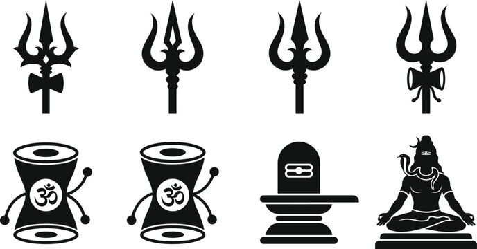 Lord Shiva religious icon set with trishul damru and shivling black vector silhouettes for Hindu festival design