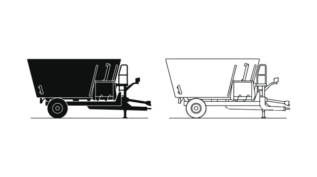 Agricultural feed mixer wagon vector icons, industrial livestock feeding trailer silhouettes, farm machinery equipment for cattle ranching