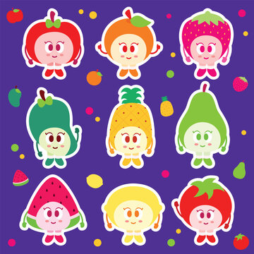 Cute fruit characters sticker set with funny smiling faces including apple, strawberry, watermelon, and pineapple on purple background vector illustration