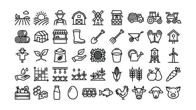 Black and white line drawing icons of various farm and agriculture related objects and animals on white background