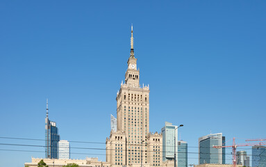 Naklejka premium Panoramic view of downtown Warsaw on a cloudless morning, Poland.