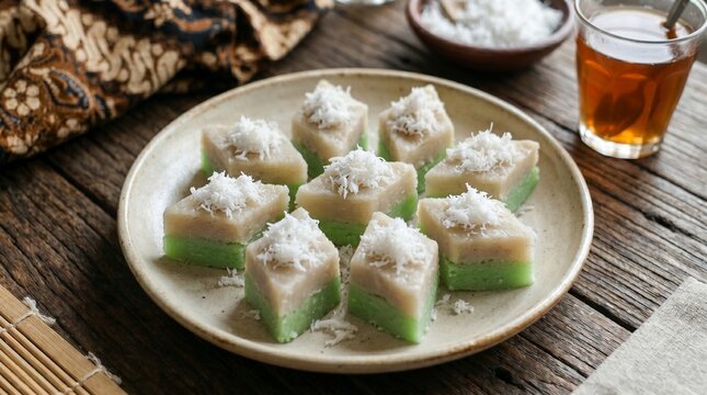 Traditional Indonesian kue talam lapis singkong double layer pandan and cassava cakes topped with shredded coconut served on a ceramic plate with warm sweet tea.