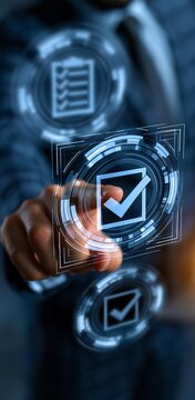 ISO certification management concept with digital quality assurance interface showing compliance checklist document control business process standardization and corporate governance system