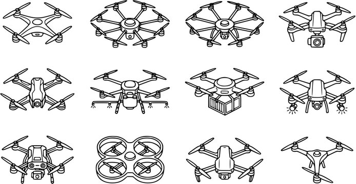 Technology Drones Vector Outline Icons Set. Robotic UAV Quadcopters and Multirotor Aircraft in Black and White Line Art Style for Aviation and Modern Tech.