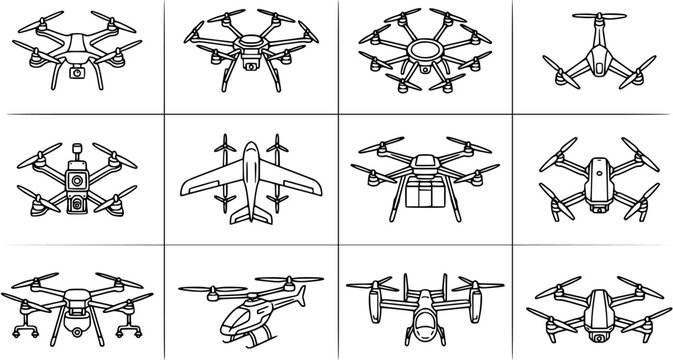 Technology and Aviation Drones Line Art Icons Set. Black  White Outline Collection of UAVs, Quadcopters, and Hexacopters.