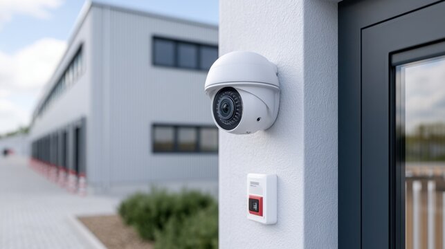 Security camera mounted on a white wall outside a modern building, with a keypad intercom and paved pathway visible in the background
