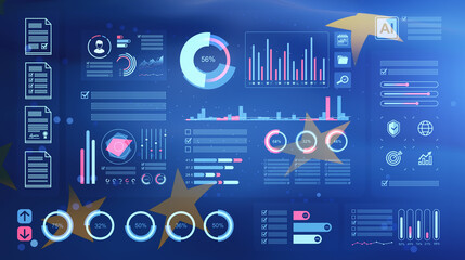 Naklejka premium Abstract dashboard of data charts, analytics panels and interface elements overlaid with european flag stars on a blue digital background in modern infographic style. 3D Rendering
