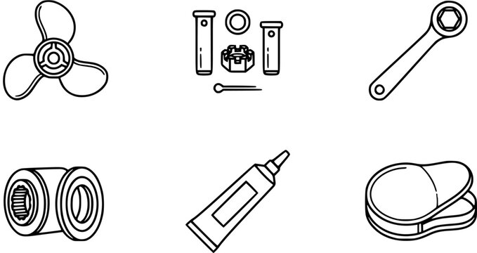 Marine Outboard Motor Propeller and Maintenance Kit Parts Black and White Line Art Icons Set