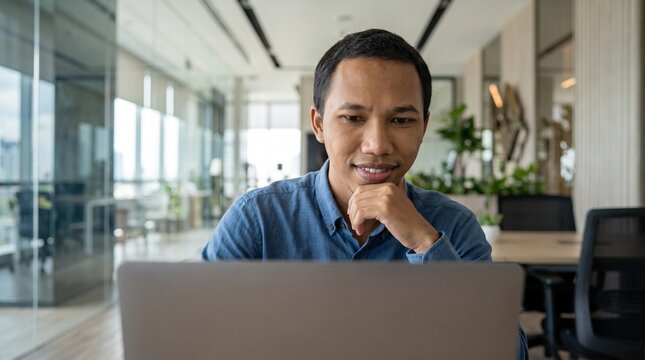 Smiling busy young aged professional business man entrepreneur wearing suit sitting at table working online using laptop computer 