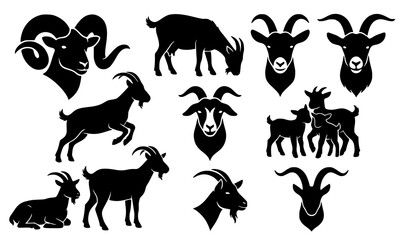 Black Goat and Ram Silhouette Collection with Farm Animals Horned Livestock Vector Illustration Set © Shakib