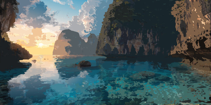 Sunset over a serene body of water with rocky cliffs and reflections in the water horizon line cloudy sky evening sky dusk sky twilight sky water reflection tranquil water peaceful water