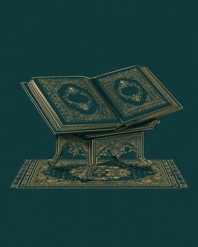 Golden Quran Book on Rehal with Prayer Rug