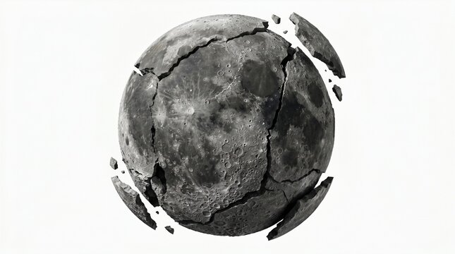 moon cracked broken space rock crater grey destroyed fragments shattered surface cratered dark stone fractured pieces rubble debris asteroid geology texture cracks faults rupture