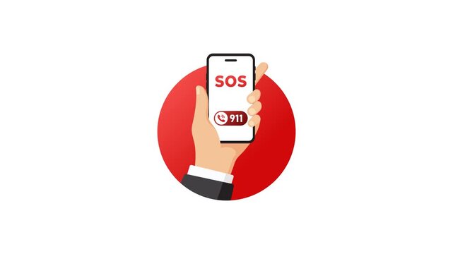 4K animation of Hand holding a smartphone displaying SOS and 911 emergency call button against a red circle background, symbolizing urgent help, safety alert.