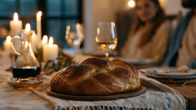 Candlelit atmosphere of intimate Rosh Hashanah family dinner table, symbolic still life of challah bread wine carafe and honey dish, wide establishing shot of multigenerational