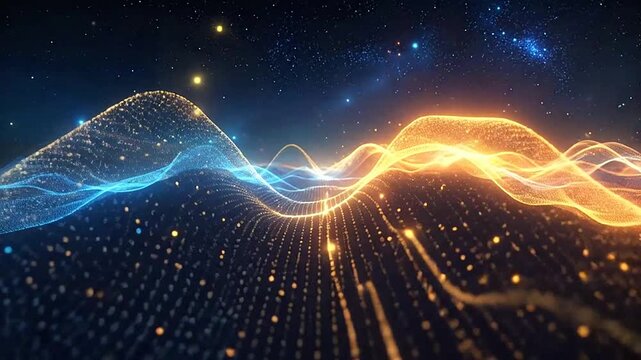 Abstract digital landscape with glowing binary data wave patterns