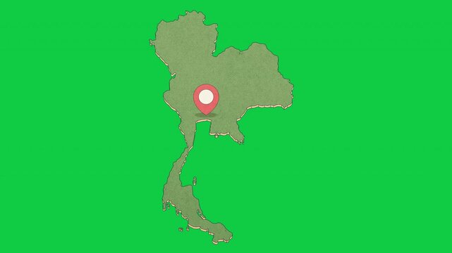 Animated Thailand Map with Bouncing Location Marker on Bangkok City, Transparent Background, Alpha Channel, 4K resolution